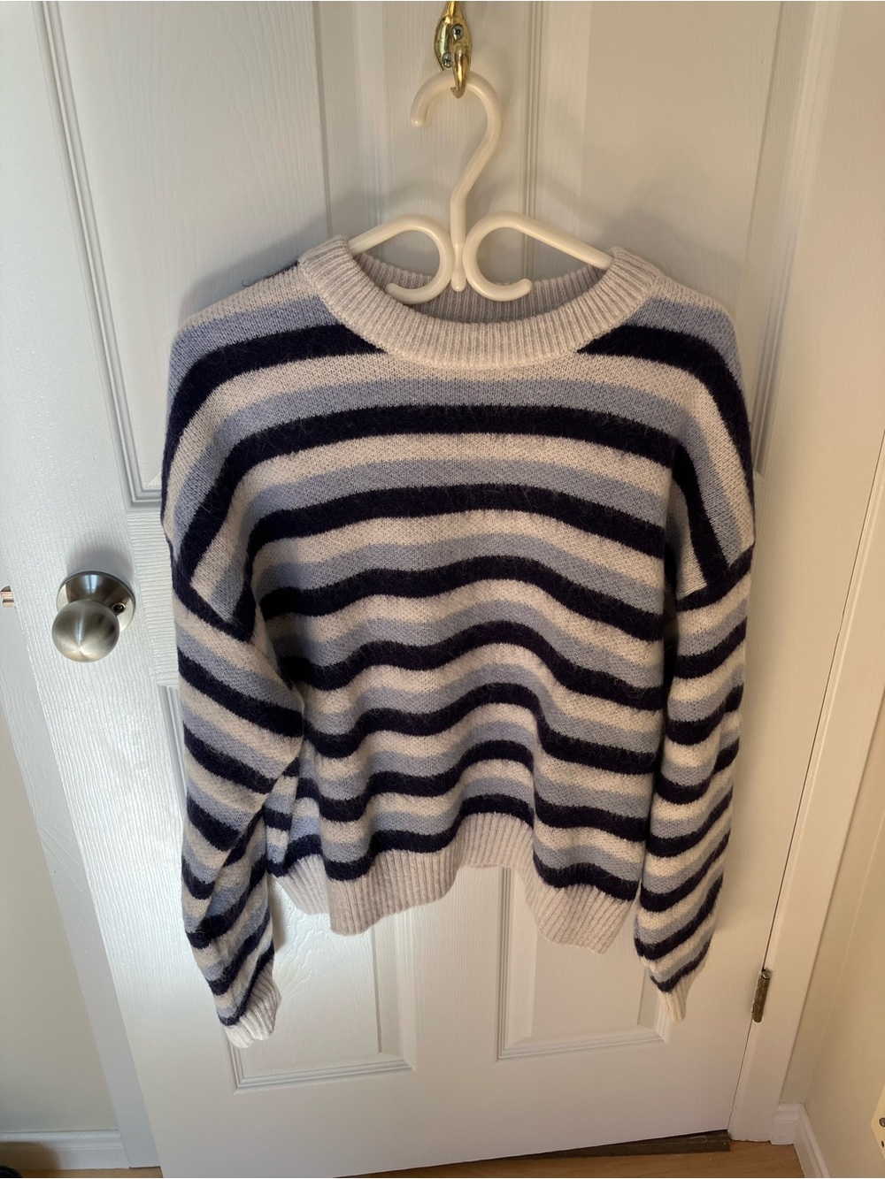 Navy and Cream Striped Crewneck Sweater